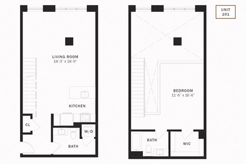 Floor plan for 1 bed, 1.5 baths, 1041 sqft